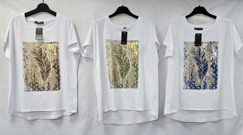 Metallic Feather high low cotton T-shirt