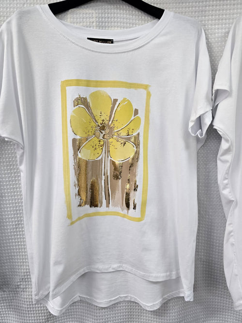 Metallic Big Flower Cotton High Low T-shirt