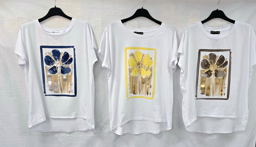 Metallic Big Flower Cotton High Low T-shirt
