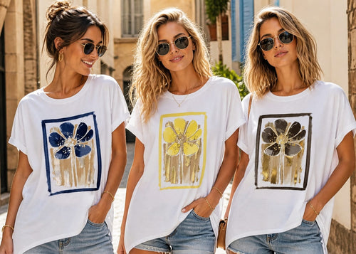 Metallic Big Flower Cotton High Low T-shirt