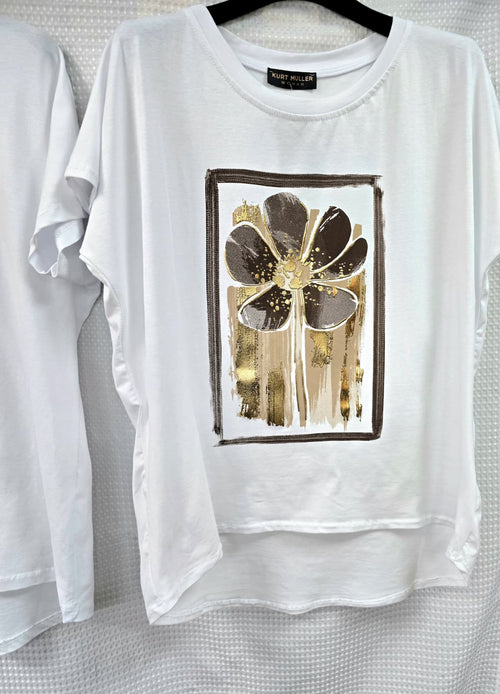 Metallic Big Flower Cotton High Low T-shirt