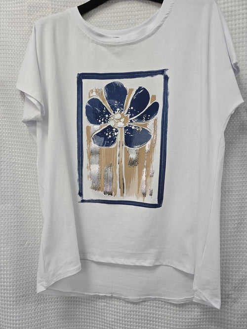 Metallic Big Flower Cotton High Low T-shirt