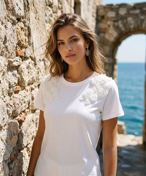 Rose Rouched Shoulder Cotton T-shirt