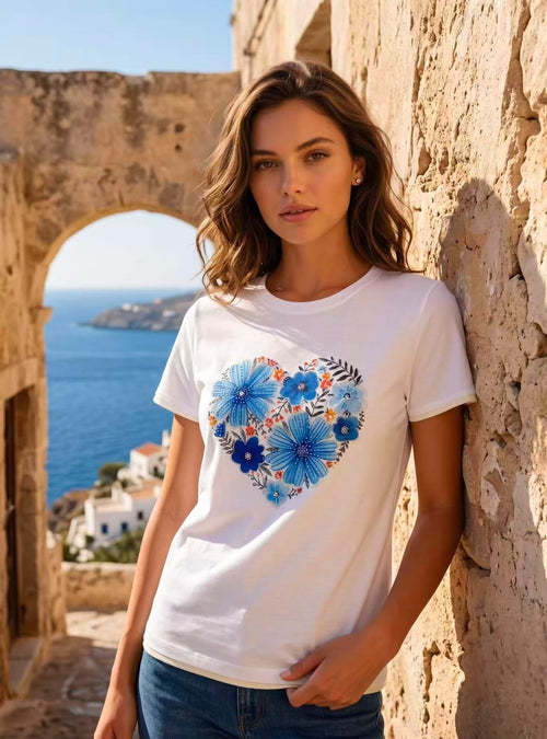 Blue Embellished Heart Cotton T-shirt