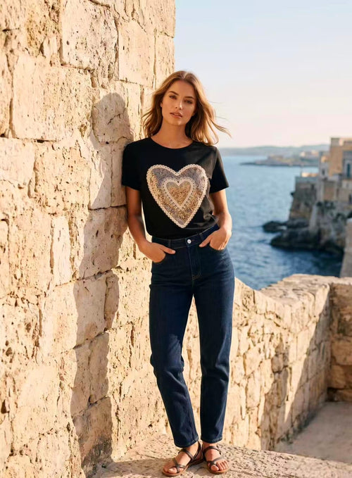 Lace Gold Heart Cotton T-shirt