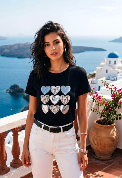 Pearl Heart Embroidery Cotton T-shirt