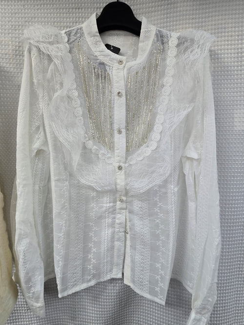 Diamante Button Frill Lace Shirt