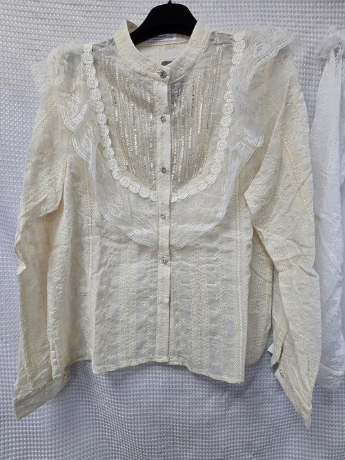 Diamante Button Frill Lace Shirt