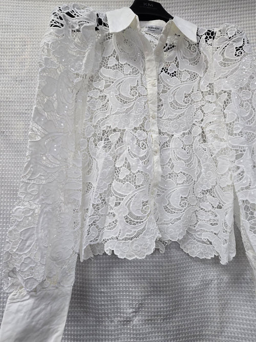 Sequin Cut Out Lace Crochet Shirt