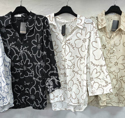 Embroidery Cut Out Daisy Cotton Shirt