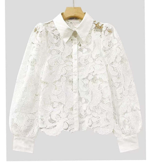 Sequin Cut Out Lace Crochet Shirt