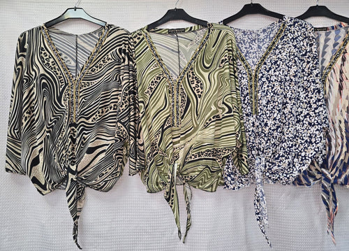 Printed V Diamante Slinky Tops