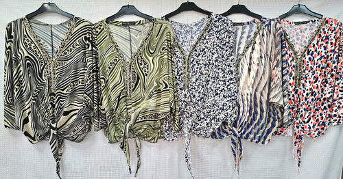 Printed V Diamante Slinky Tops