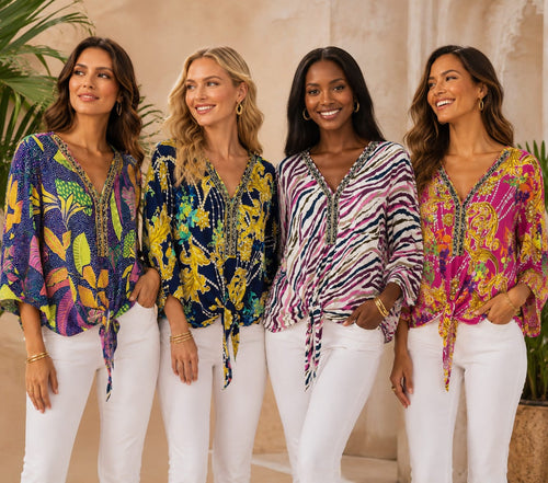 Printed V Diamante Slinky Tops