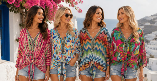 Printed V Diamante Slinky Tops