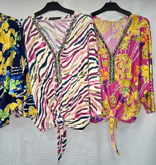 Printed V Diamante Slinky Tops