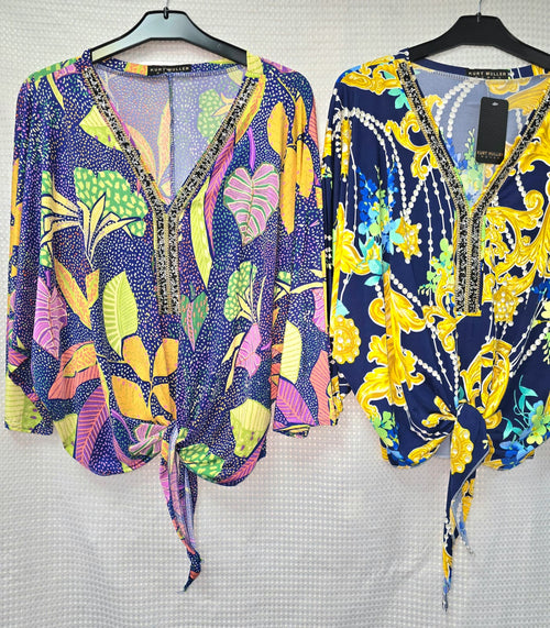 Printed V Diamante Slinky Tops