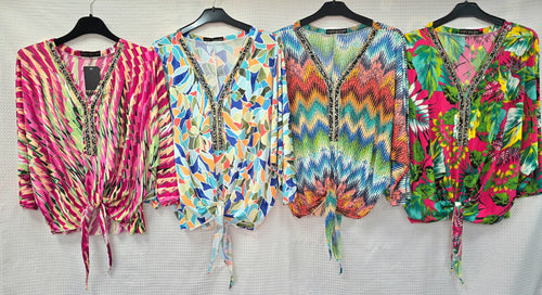 Printed V Diamante Slinky Tops