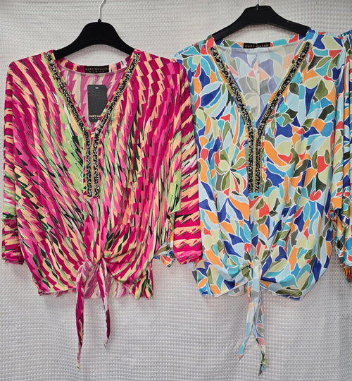 Printed V Diamante Slinky Tops