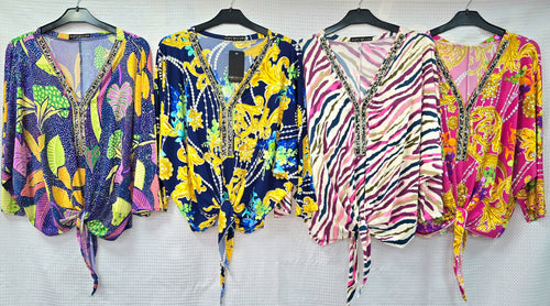 Printed V Diamante Slinky Tops