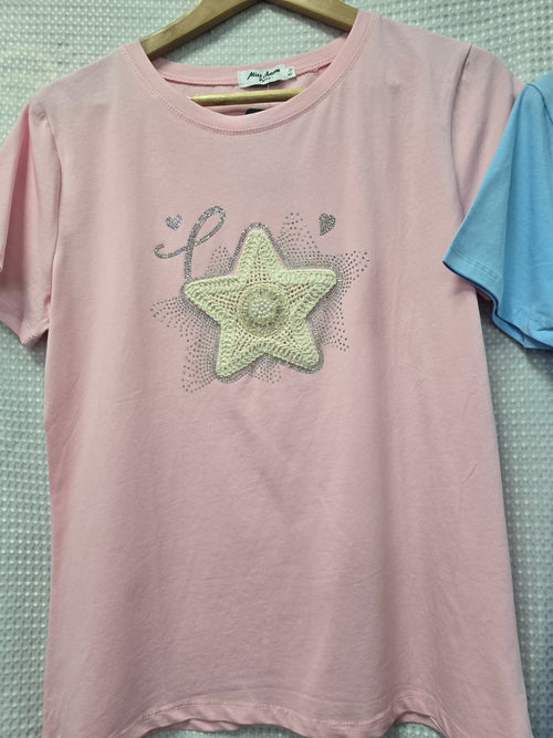 Crochet Sequin Pearl Star T-shirt
