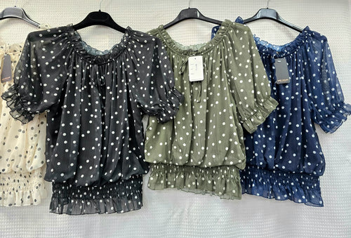 Polka Dot Bardot Chiffon Top
