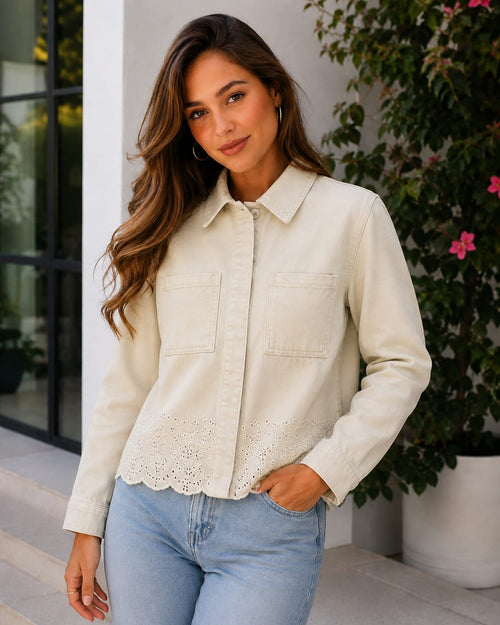 Beige Embroidery 2 Pocket Denim Jacket