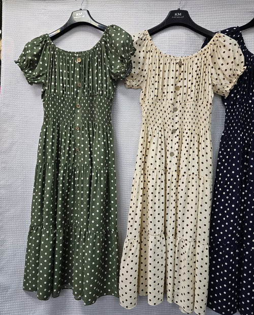 PRE ORDER 29TH JUNE- Priya Polka Dot Midi Bardot Dress