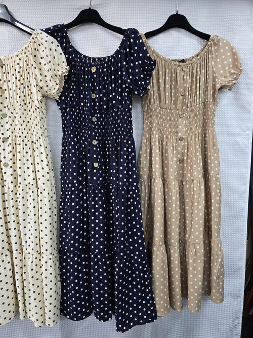 PRE ORDER 29TH JUNE- Priya Polka Dot Midi Bardot Dress