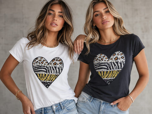 Crystal Heart Embellished Animal Cotton T-shirt