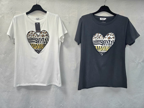 Crystal Heart Embellished Animal Cotton T-shirt