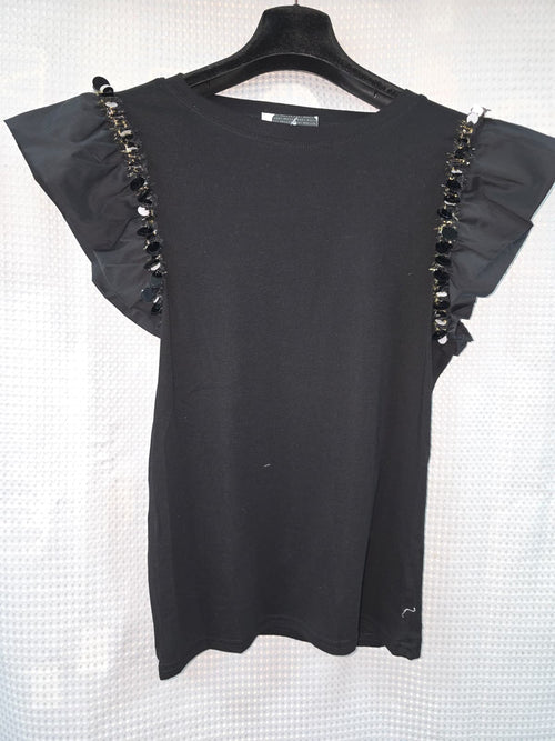 Disc Frill Sleeve Cotton Tshirt