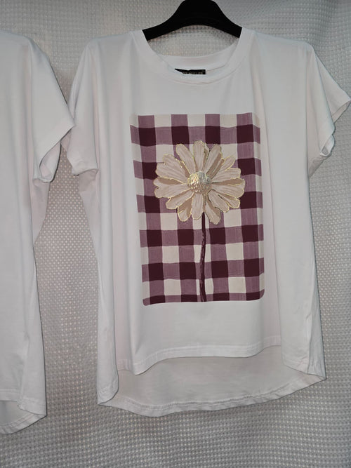 Check Daisy Cotton High Low T-shirt