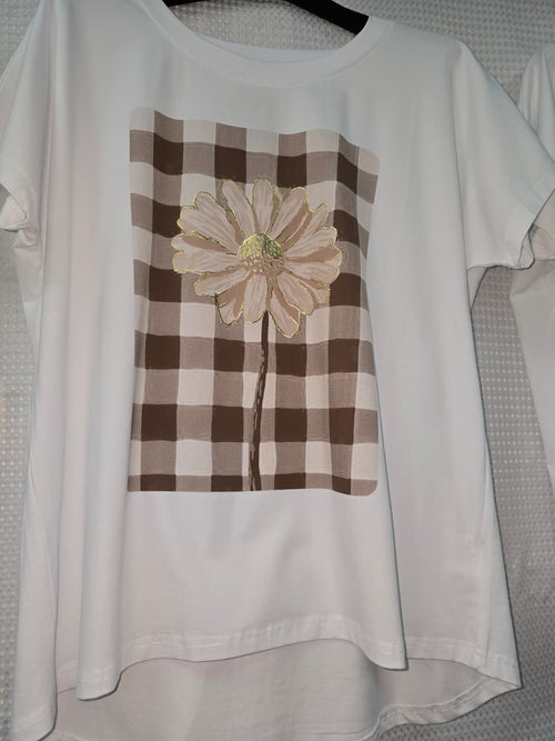 Check Daisy Cotton High Low T-shirt