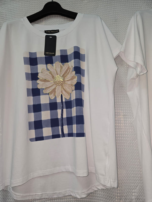 Check Daisy Cotton High Low T-shirt
