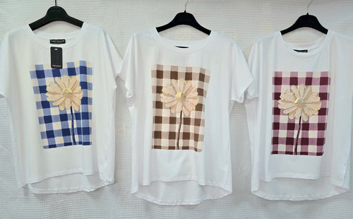Check Daisy Cotton High Low T-shirt