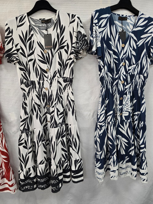 Leaf Print V Midi Dress