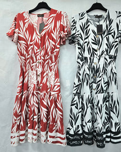 Leaf Print V Midi Dress