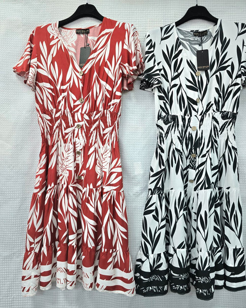 Leaf Print V Midi Dress