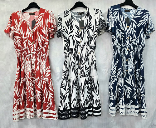 Leaf Print V Midi Dress