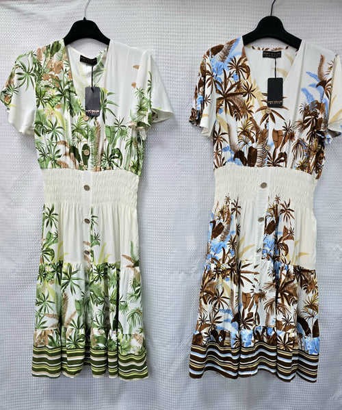 Palms Print V Midi Dress