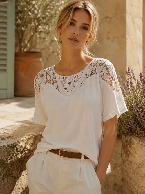 Lace Trim Crew Cotton T-shirt