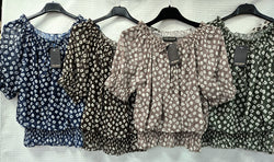 Dominoes Print Ruffle Bardot Chiffon Top
