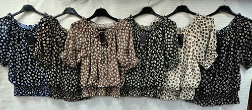 Dominoes Print Ruffle Bardot Chiffon Top