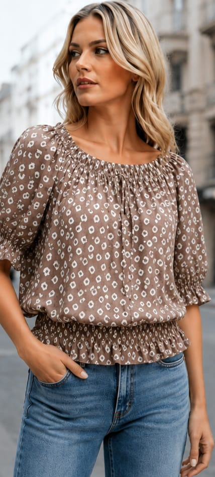 Dominoes Print Ruffle Bardot Chiffon Top