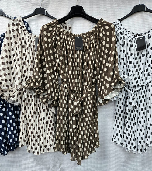 Polka Dot Plisse Pleated Belted Playsuit