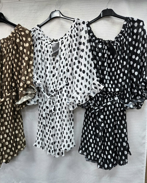 Polka Dot Plisse Pleated Belted Playsuit