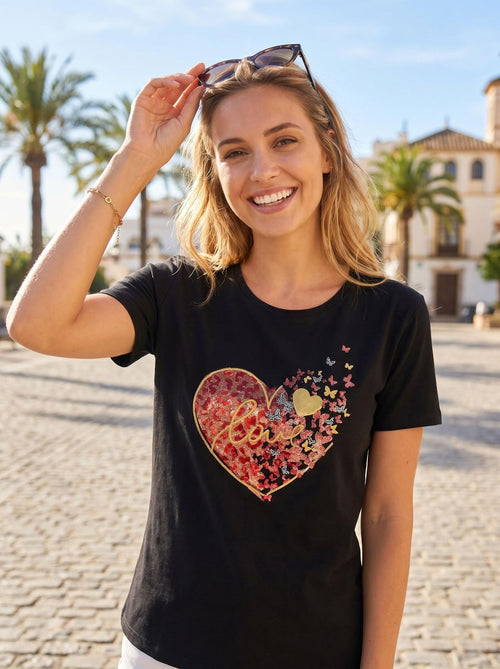 Love Heart Sequin Cotton T-shirt