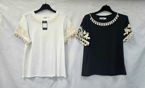 Crochet Paisley Trim Cotton T-shirt