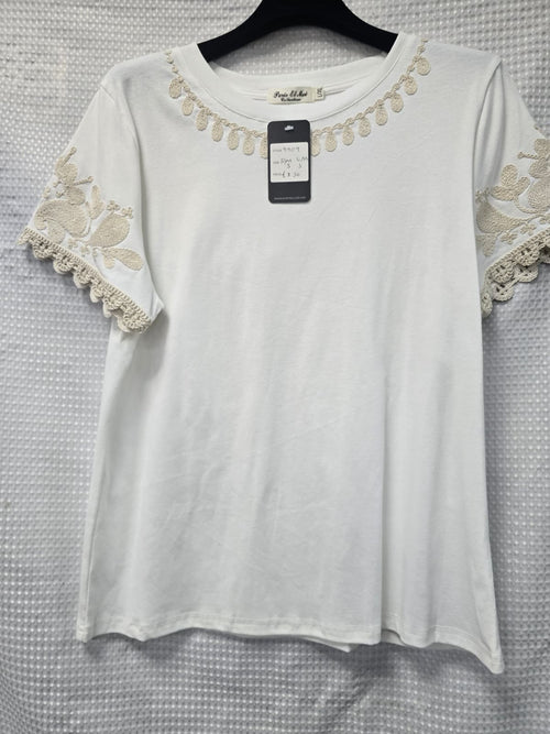Crochet Paisley Trim Cotton T-shirt